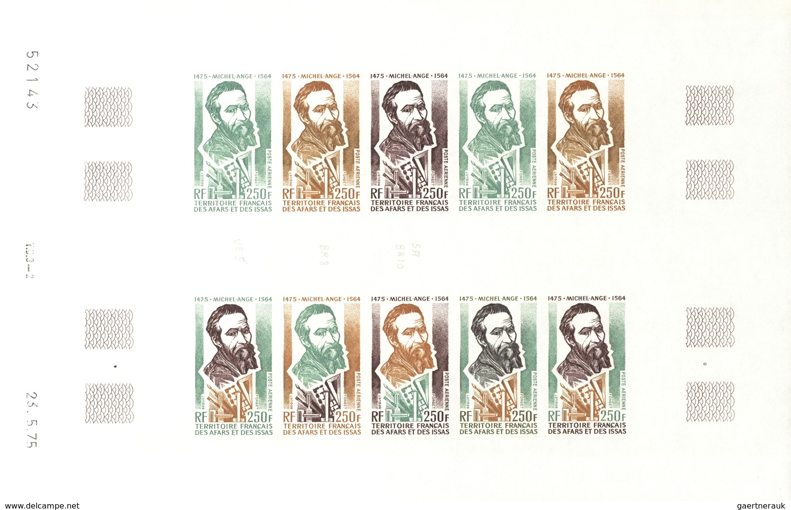 Afar und Issa: 1969/1977, IMPERFORATE COLOUR PROOFS, MNH collection of 52 complete sheets (=1.200 pr