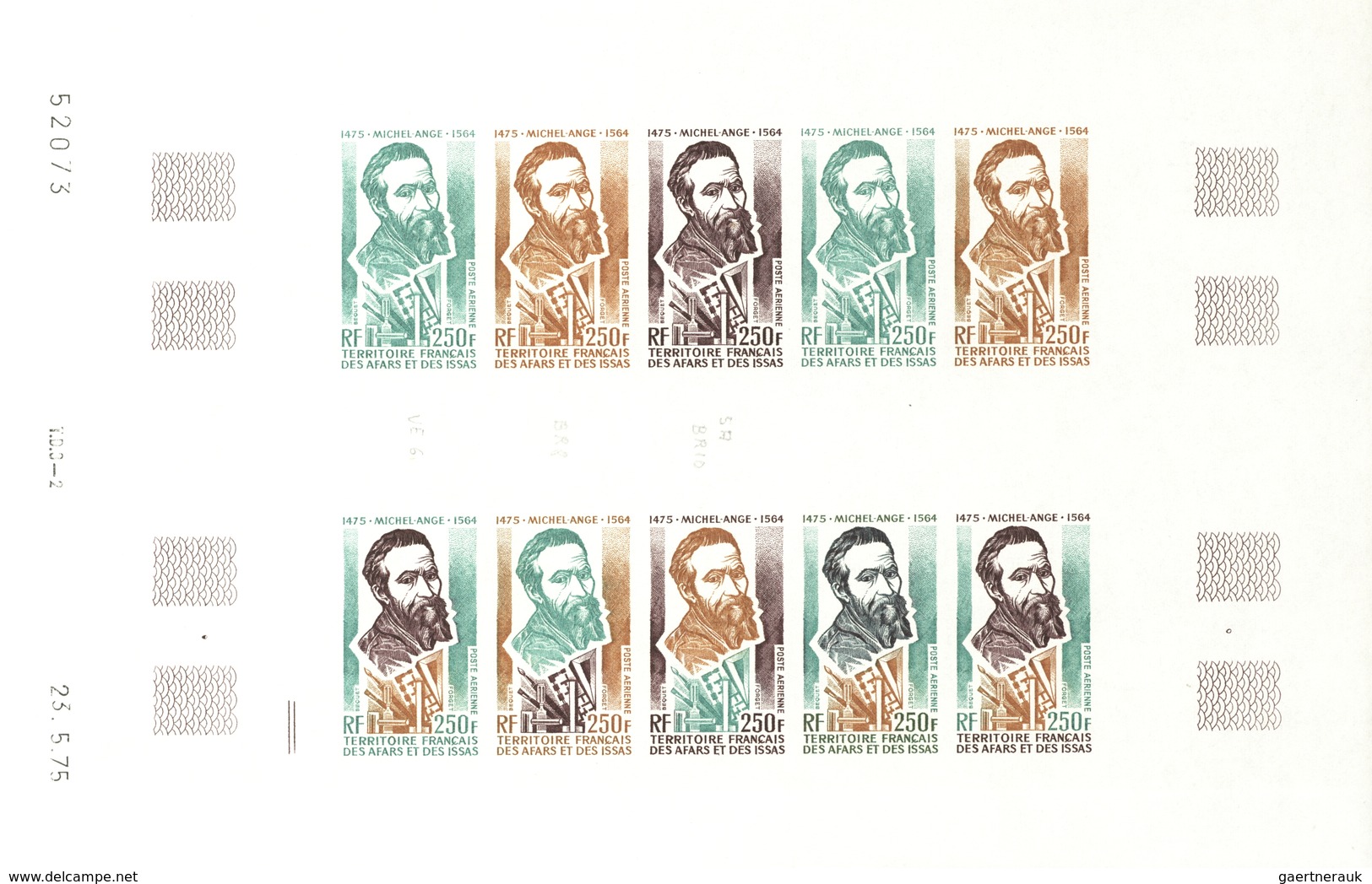 Afar und Issa: 1969/1977, IMPERFORATE COLOUR PROOFS, MNH collection of 52 complete sheets (=1.200 pr