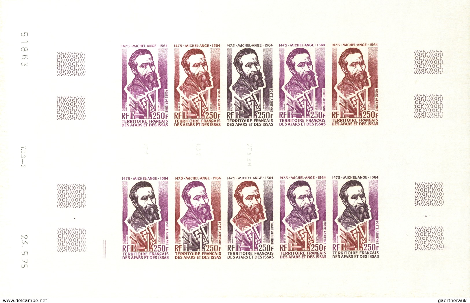 Afar und Issa: 1969/1977, IMPERFORATE COLOUR PROOFS, MNH collection of 52 complete sheets (=1.200 pr