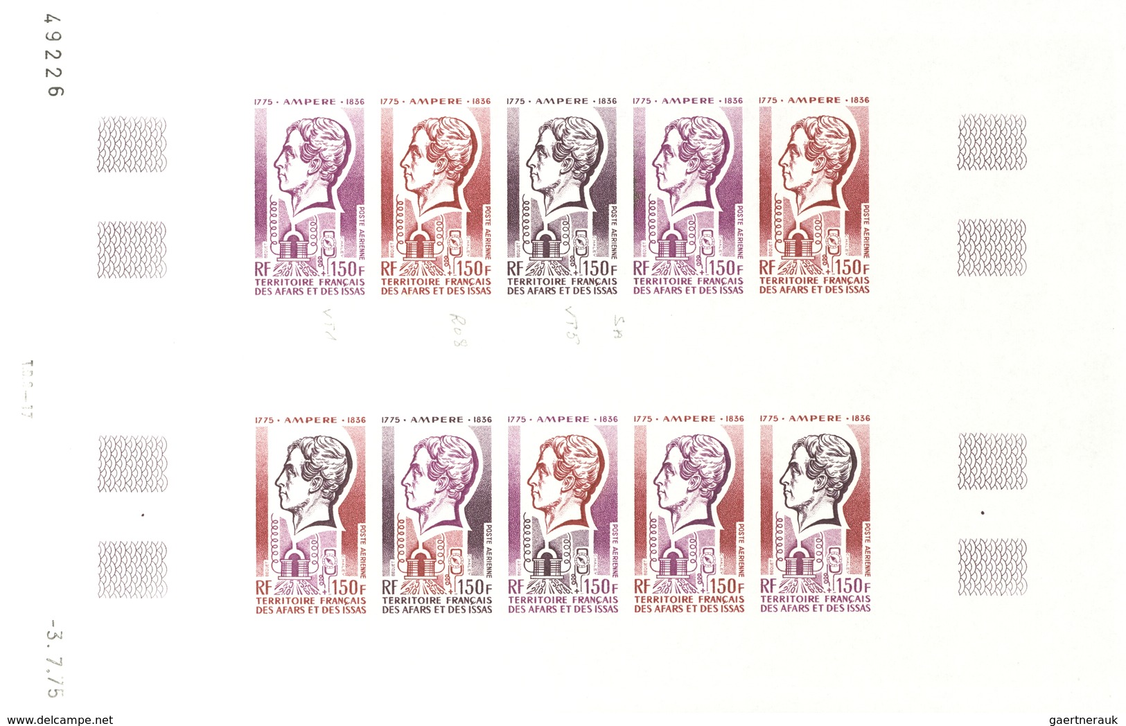 Afar und Issa: 1969/1977, IMPERFORATE COLOUR PROOFS, MNH collection of 52 complete sheets (=1.200 pr