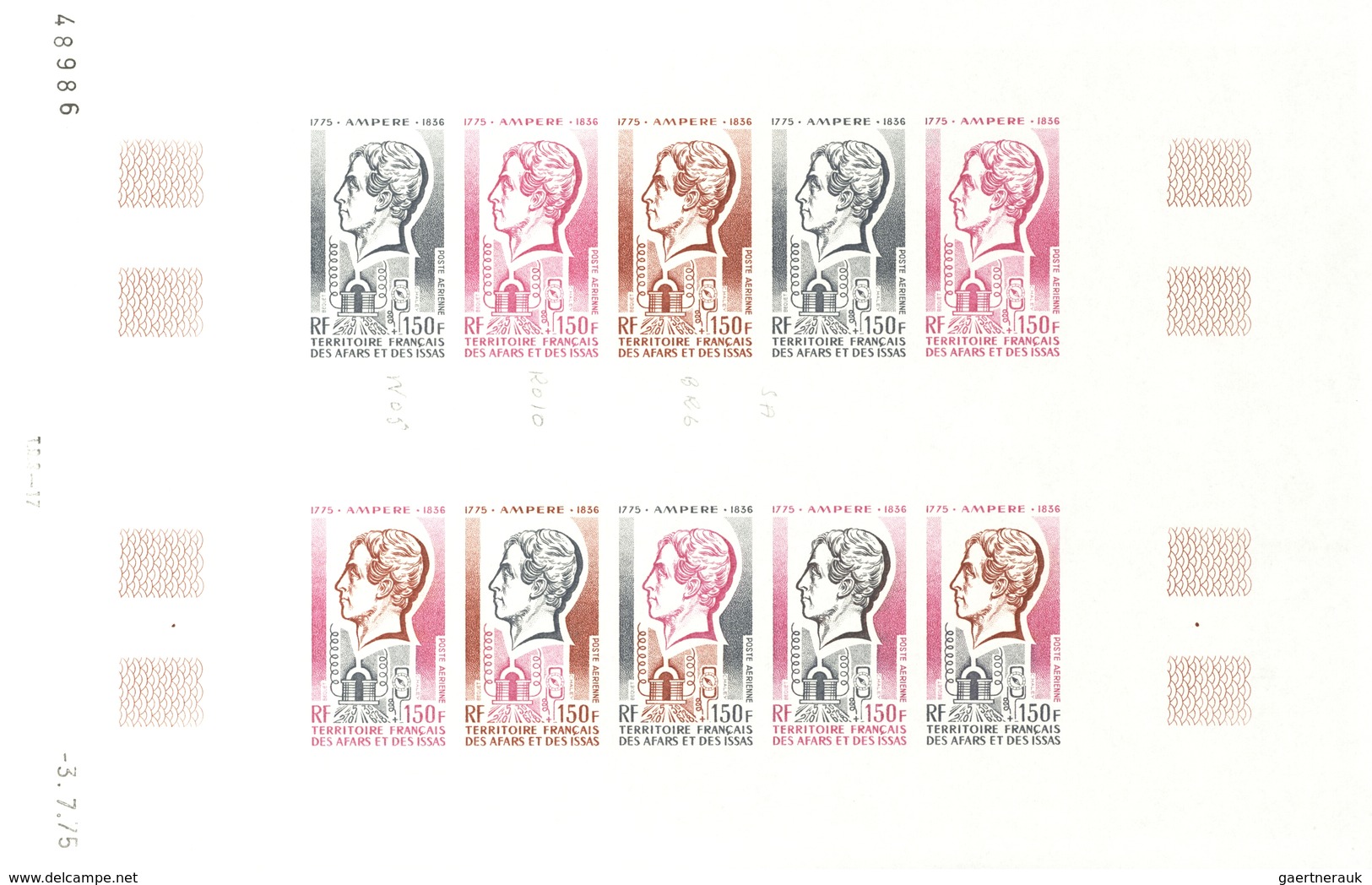 Afar und Issa: 1969/1977, IMPERFORATE COLOUR PROOFS, MNH collection of 52 complete sheets (=1.200 pr