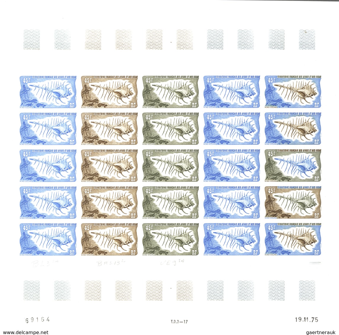 Afar und Issa: 1969/1977, IMPERFORATE COLOUR PROOFS, MNH collection of 52 complete sheets (=1.200 pr