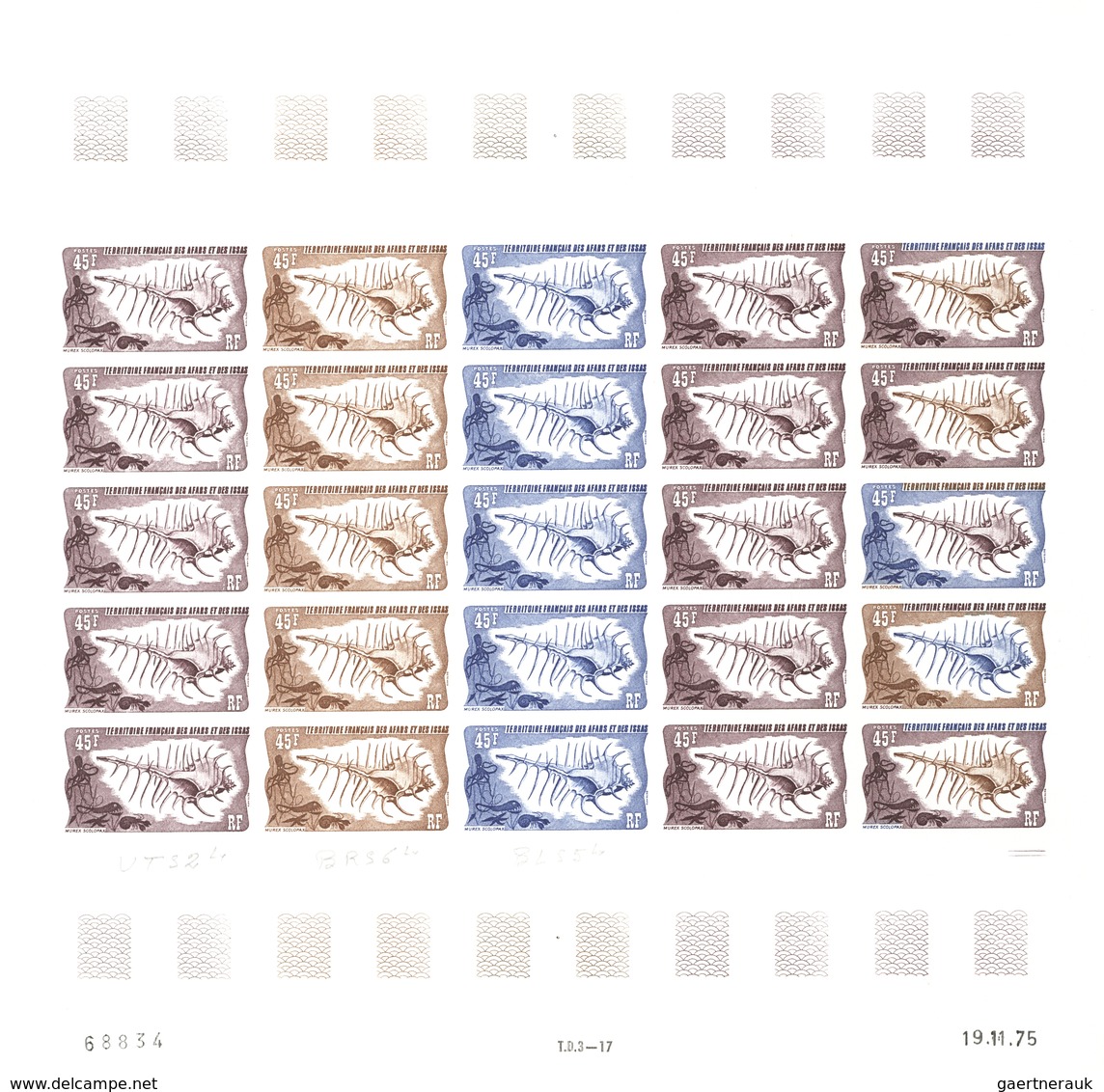 Afar und Issa: 1969/1977, IMPERFORATE COLOUR PROOFS, MNH collection of 52 complete sheets (=1.200 pr