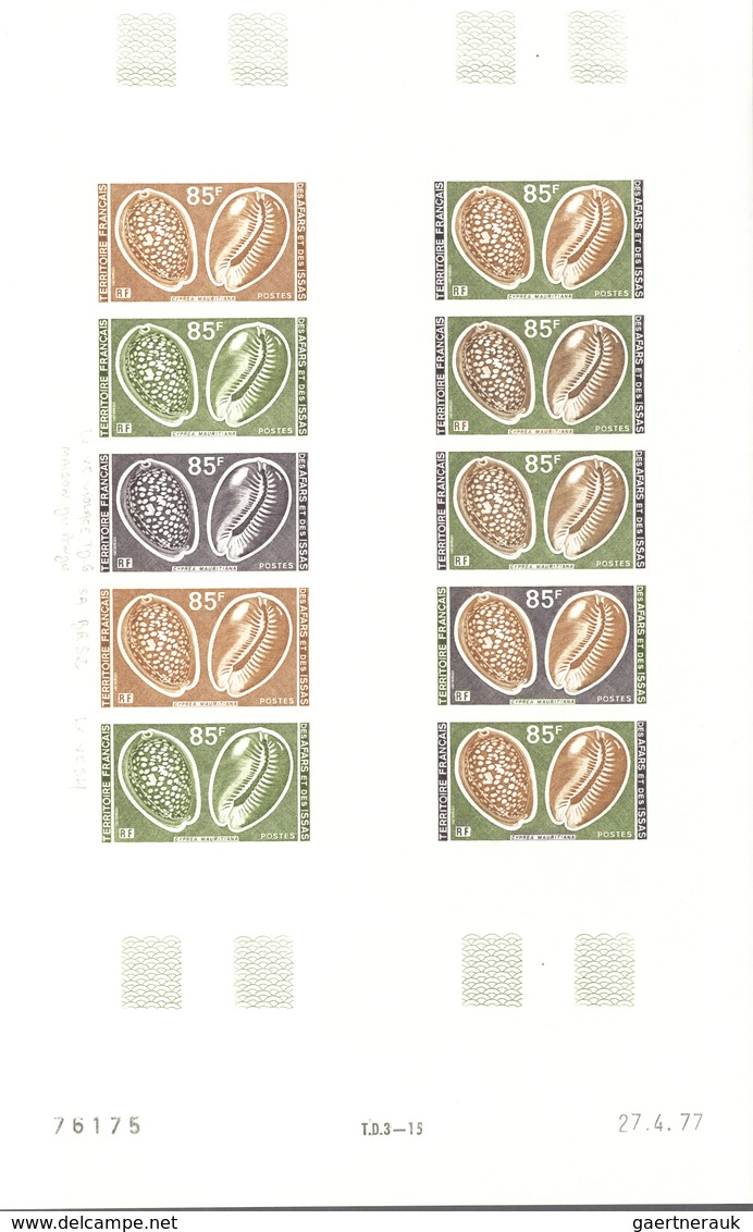 Afar und Issa: 1969/1977, IMPERFORATE COLOUR PROOFS, MNH collection of 52 complete sheets (=1.200 pr