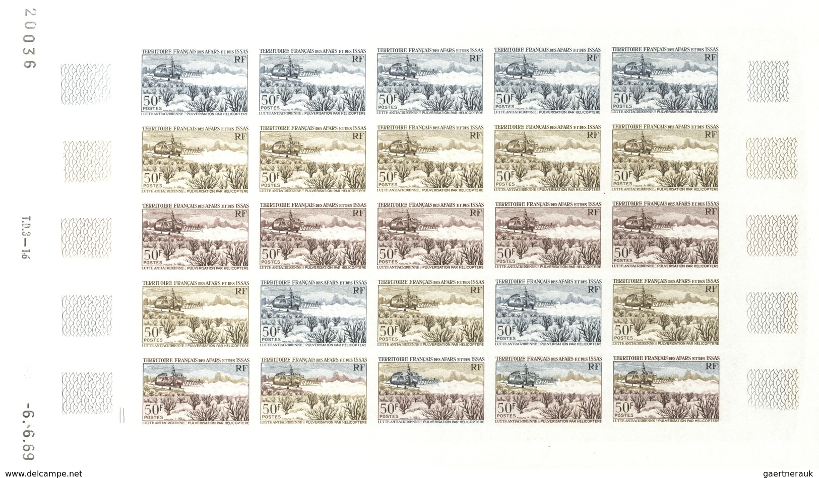 Afar und Issa: 1969/1977, IMPERFORATE COLOUR PROOFS, MNH collection of 52 complete sheets (=1.200 pr