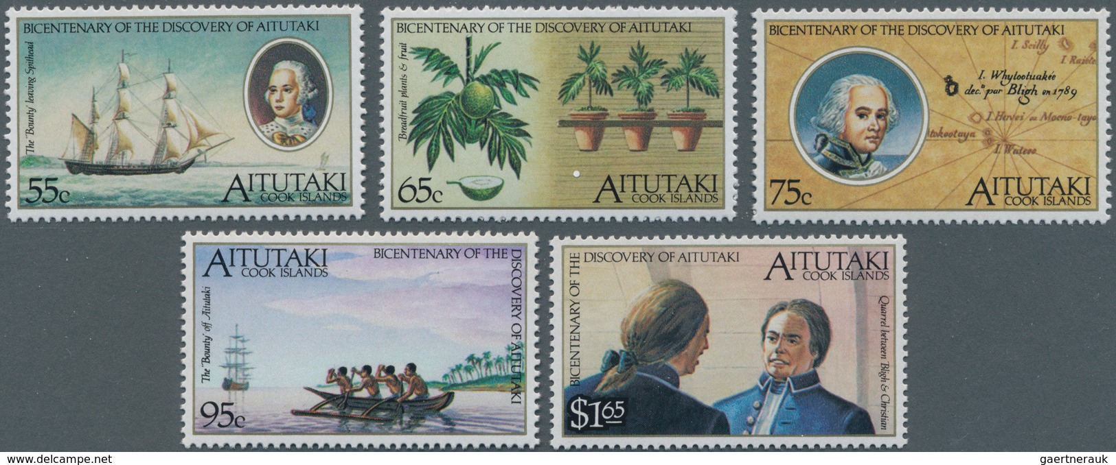 Aitutaki: 1989, Bicentenary Of The Discovery Of Aitutaki Complete Set Of Five (HMS Bounty, Captaqin - Aitutaki