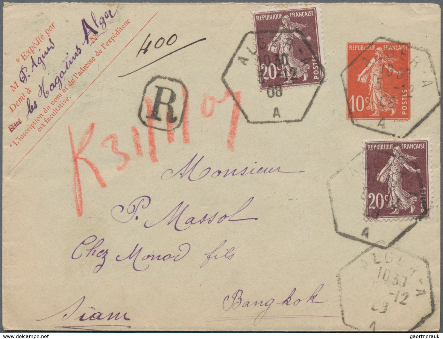 Algerien: 1907/1908, Correspondence Alger-Bangkok, Lot Of Three Registered Covers From ALGER To Bang - Storia Postale