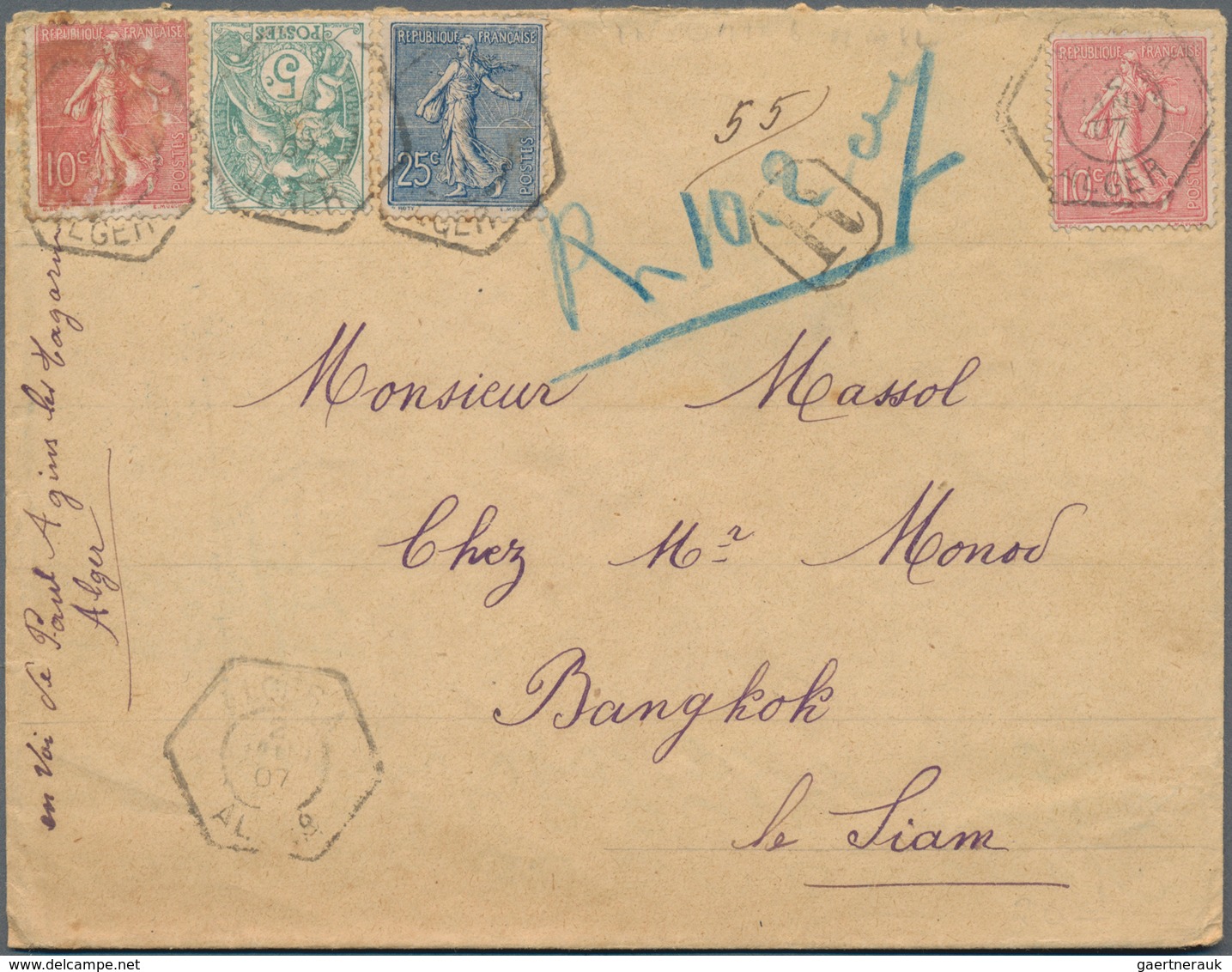 Algerien: 1907/1908, Correspondence Alger-Bangkok, Lot Of Three Registered Covers From ALGER To Bang - Storia Postale