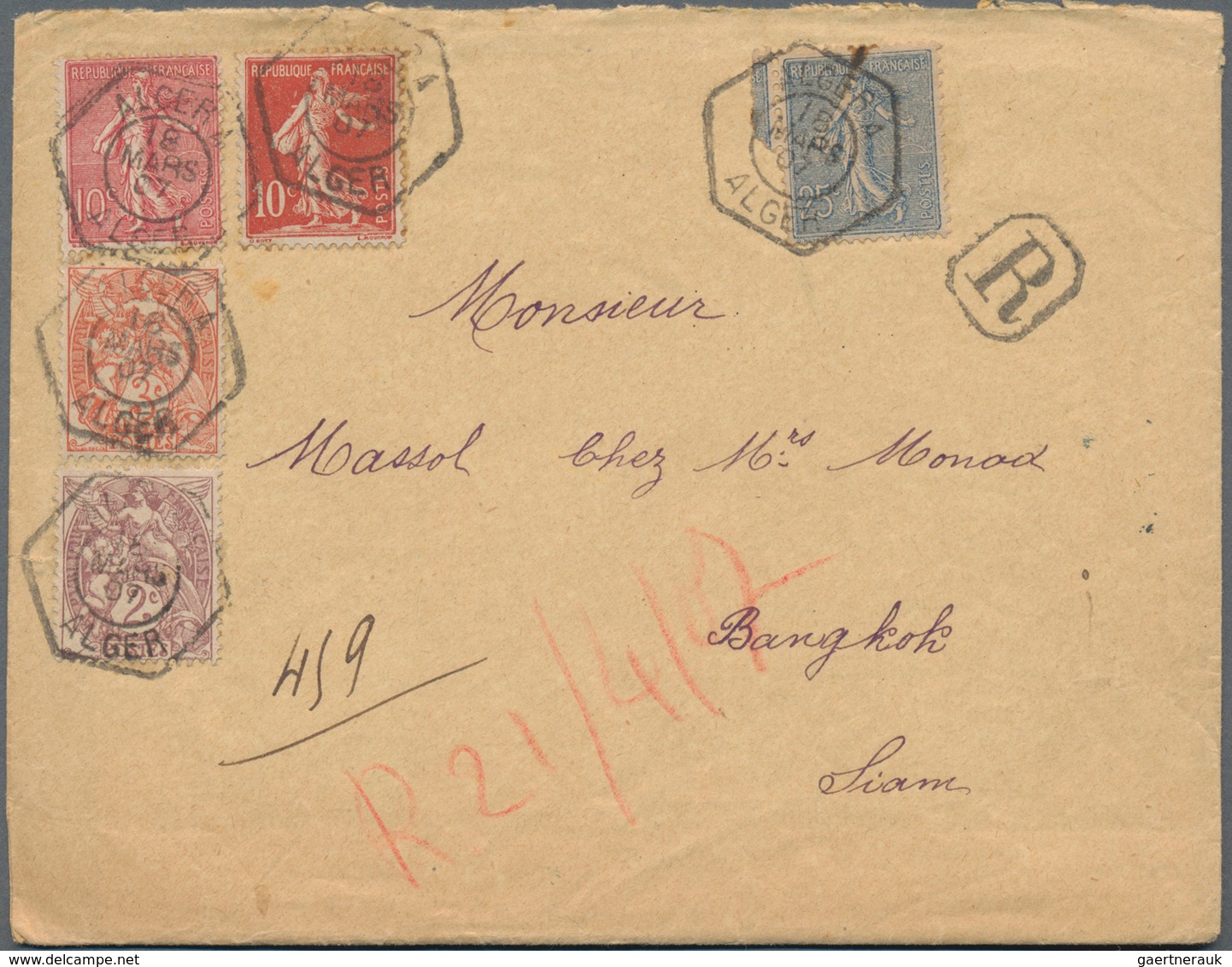 Algerien: 1907/1908, Correspondence Alger-Bangkok, Lot Of Three Registered Covers From ALGER To Bang - Brieven En Documenten
