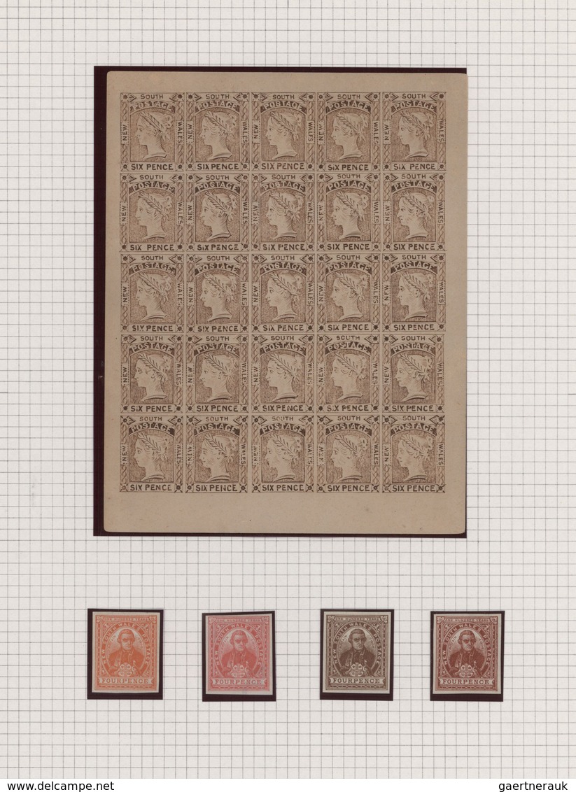 Neusüdwales: 1852/1888, Assortment Of Specialities: 1852 6d. Brown Laureate Reprint Mini Sheet Of 25 - Cartas & Documentos