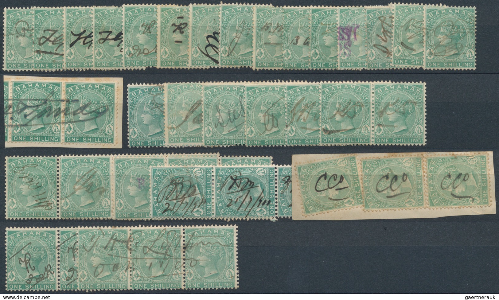 Bahamas: 1880, 1s. Green, Wm Crown CC, Perf. 14, Lot Of Apprx. 820 Fiscally Used Stamps. SG 39 - 1963-1973 Autonomie Interne