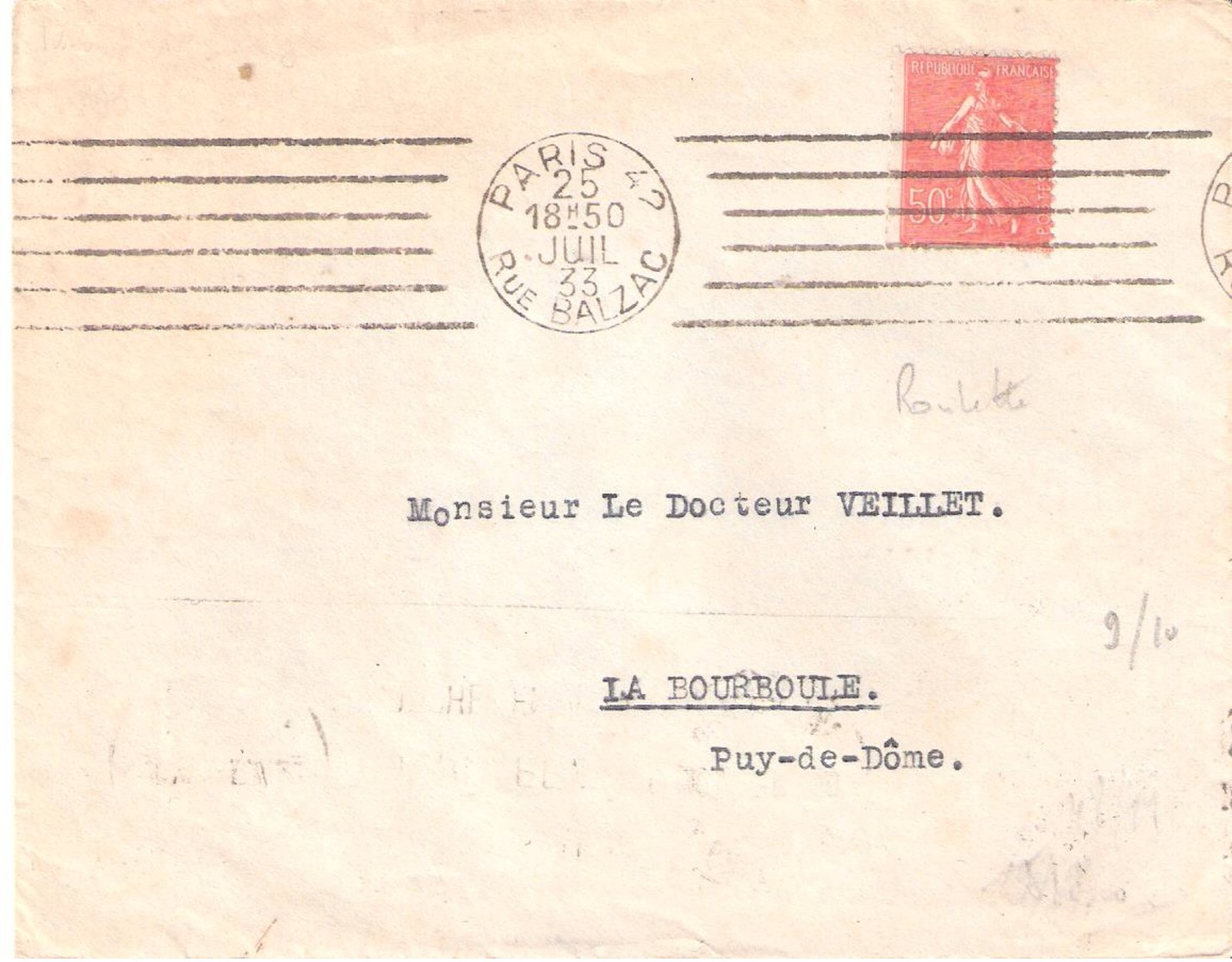 50c.semeuse Lignée (timbre De Roulette) Oblitéré PARIS 42 - 1877-1920: Période Semi Moderne