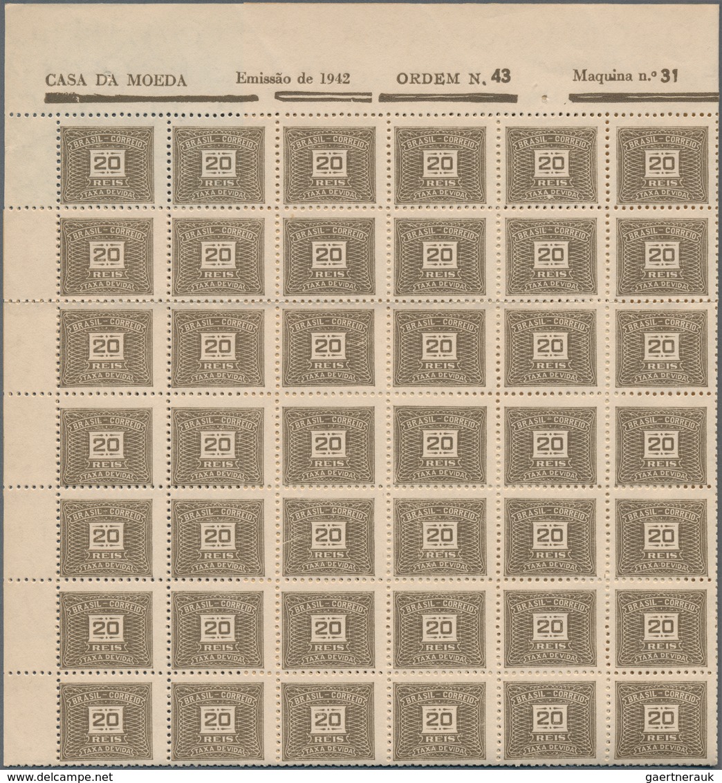 Brasilien - Portomarken: 1949, Postage Due 20 Reis Grey Brown (Wm.17), 1600 Stamps In Large Blocks W - Timbres-taxe