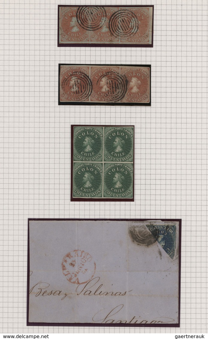 Chile: 1855/1865 (ca.), Colon Heads, Petty Collection On Album Pages Incl. Two Horiontal Strips Of T - Chile