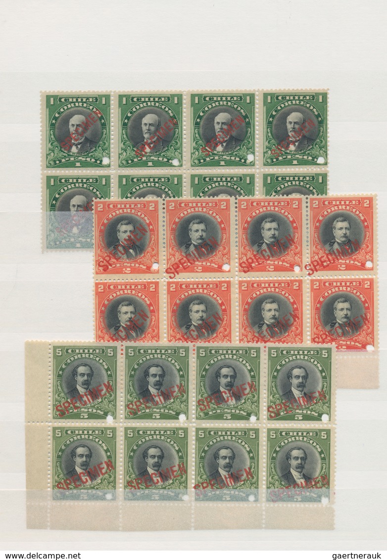 Chile: 1911, ABN Specimen Proofs, Definitives 1c.-5p., Short Set Of 21 Stamps In Blocks Of Eight (=1 - Chili