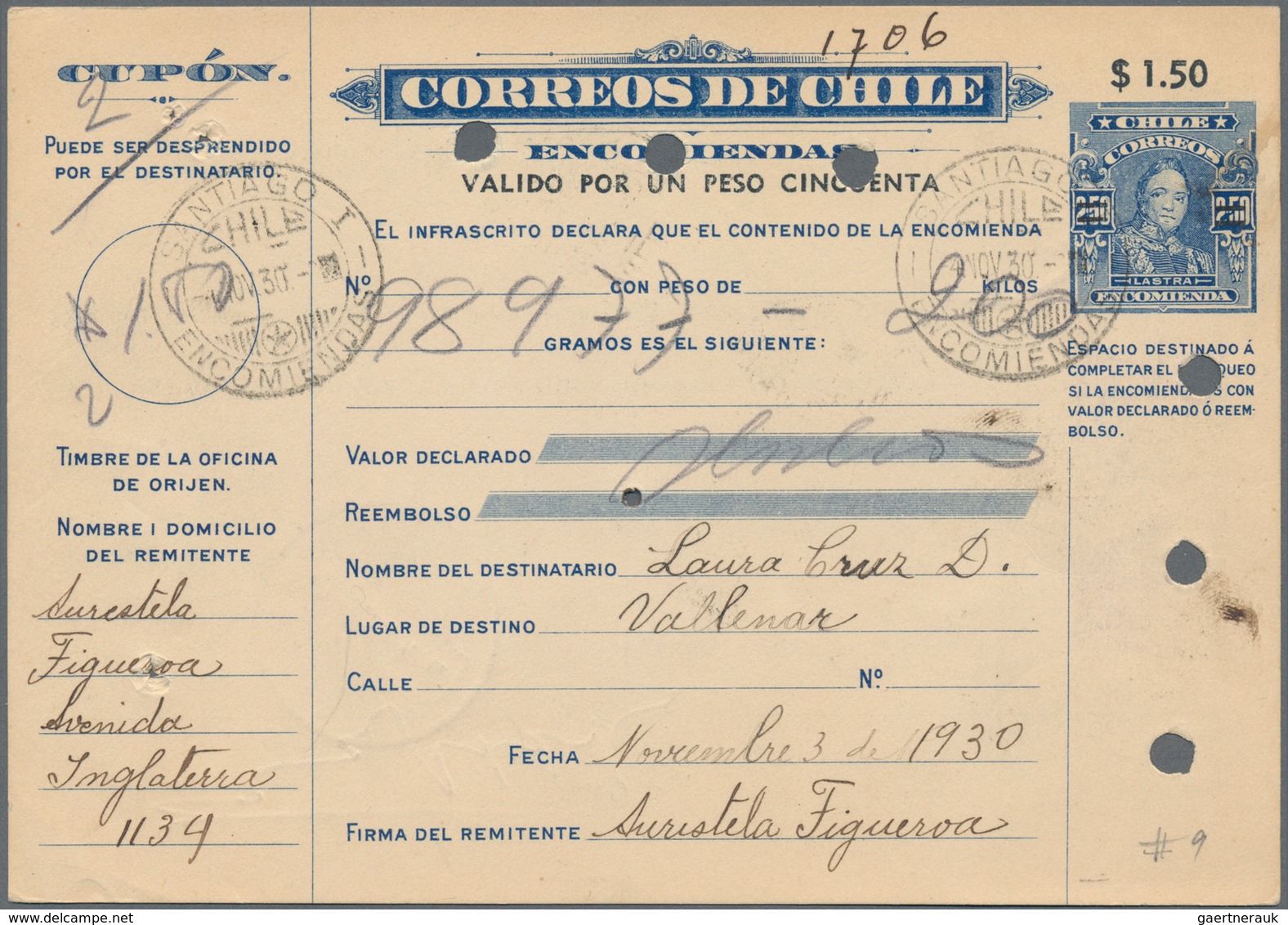 Chile - Ganzsachen: 1909/1931, Lot Of Four Parcel Despatch Forms: H&G Nos. 2, 3, 28 Unused; No. 18 U - Chile