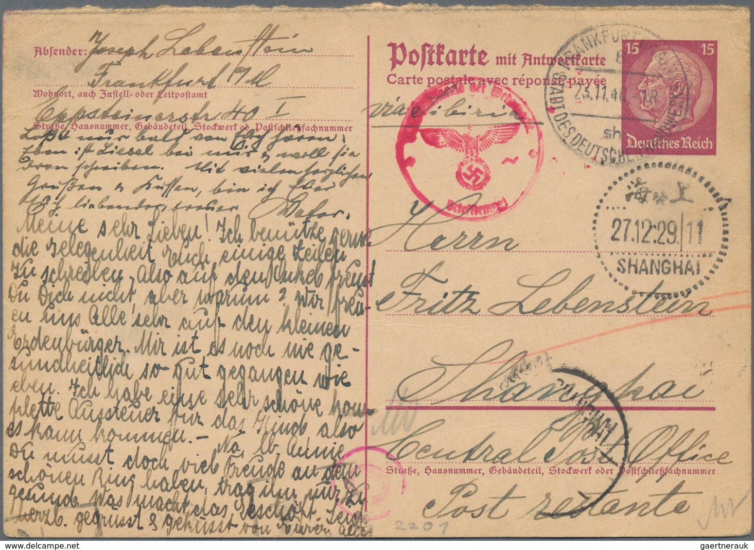 China: 1940/41, The Joseph Lebenstein (Berlin 1872-1944 Theresienstadt/Terezin) Correspondence To Ch - Otros & Sin Clasificación