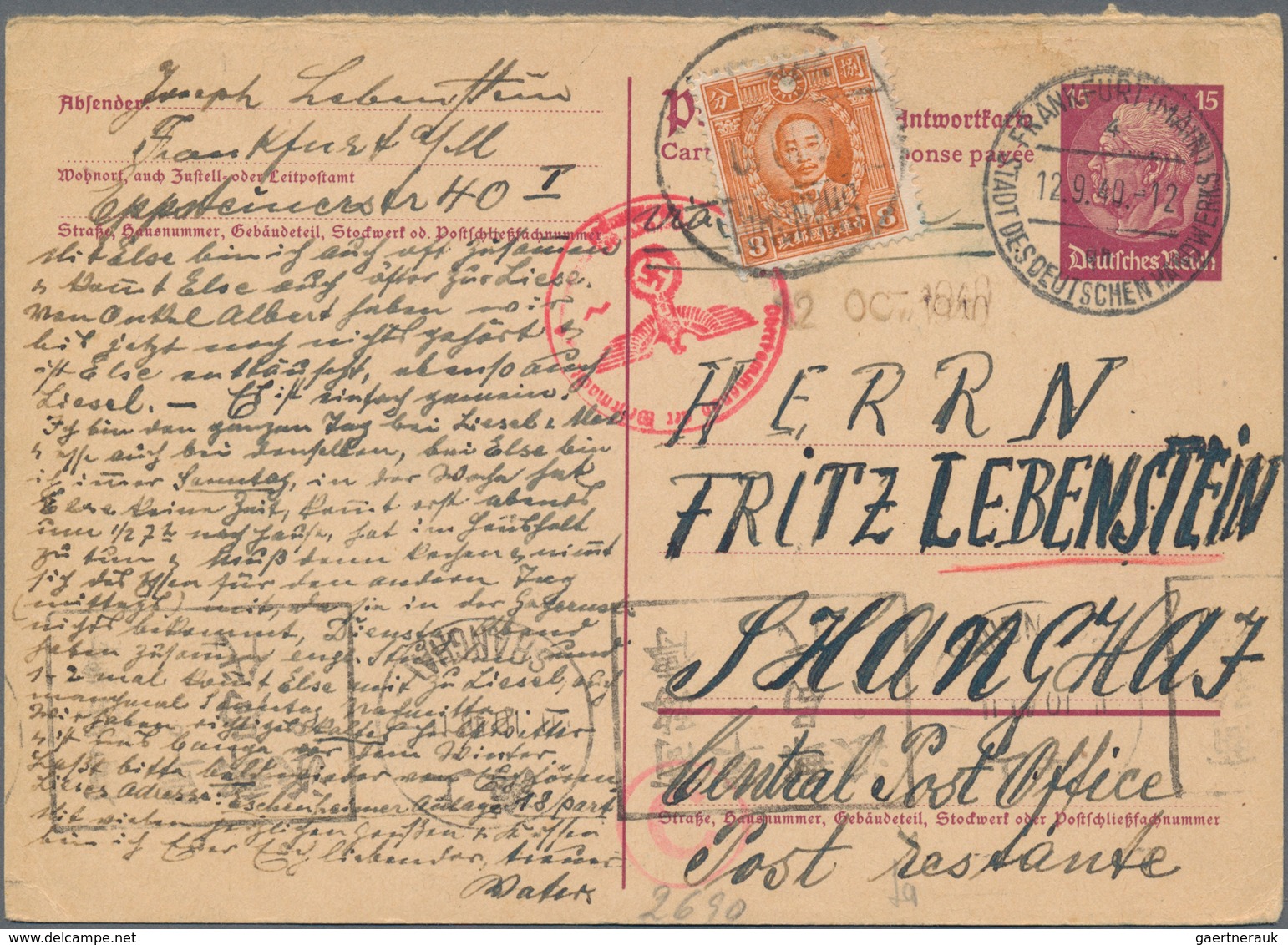 China: 1940/41, the Joseph Lebenstein (Berlin 1872-1944 Theresienstadt/Terezin) correspondence to Ch