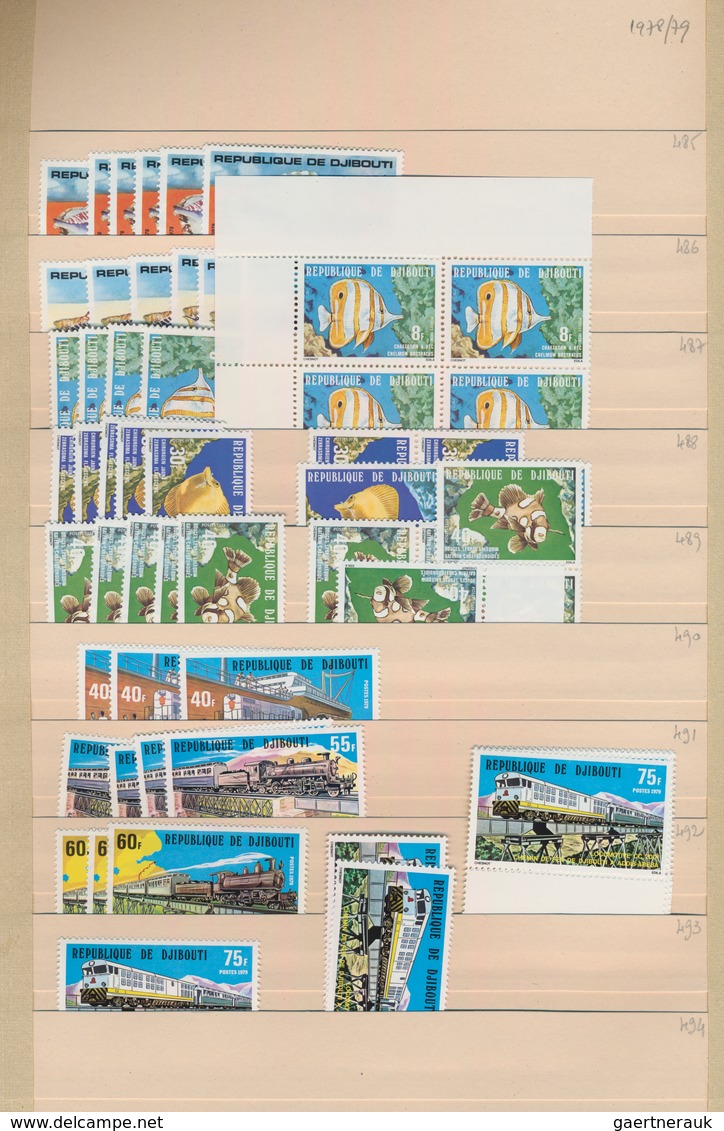 Dschibuti: 1977/1989, Comprehensive MNH Stock In A Thick Album With Plenty Of Material From Overprin - Autres & Non Classés