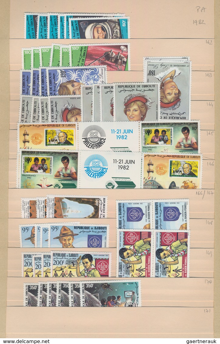 Dschibuti: 1977/1989, comprehensive MNH stock in a thick album with plenty of material from overprin