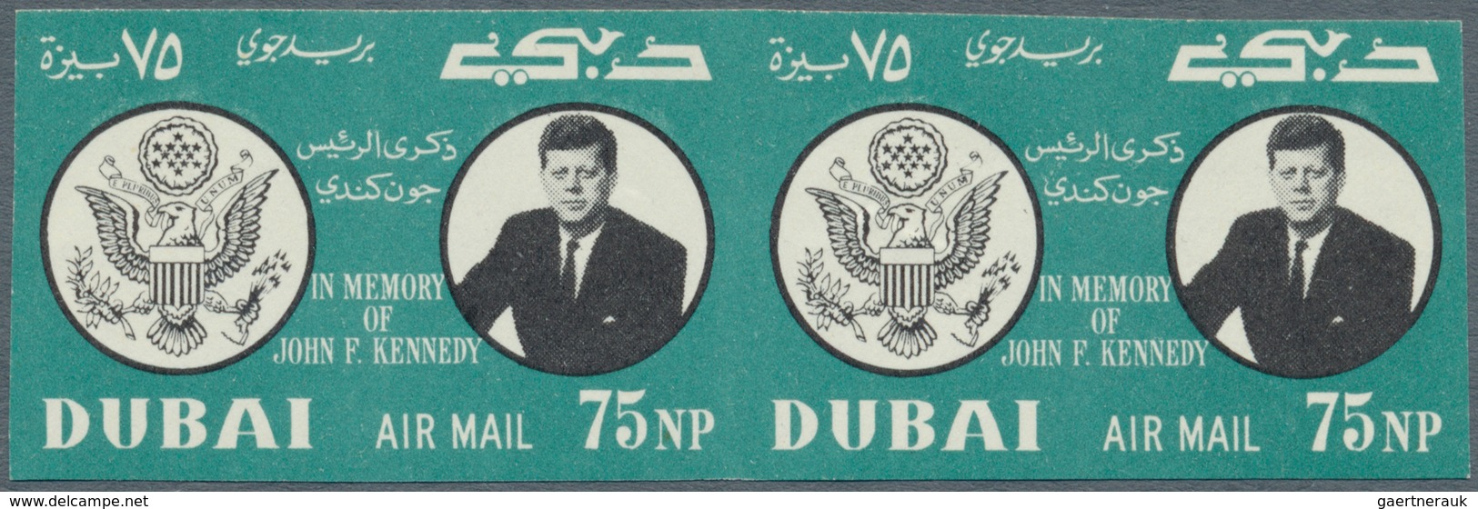 Dubai: 1964, Kennedy (Mi. # 113/115 and s/s # 22), collection with varieties, inverted centers, miss