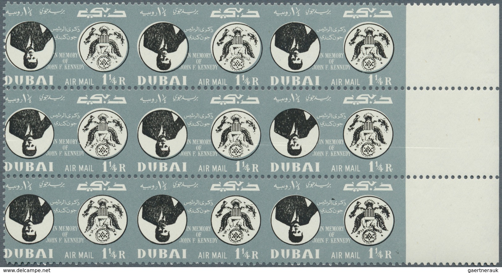 Dubai: 1964, Kennedy (Mi. # 113/115 and s/s # 22), collection with varieties, inverted centers, miss