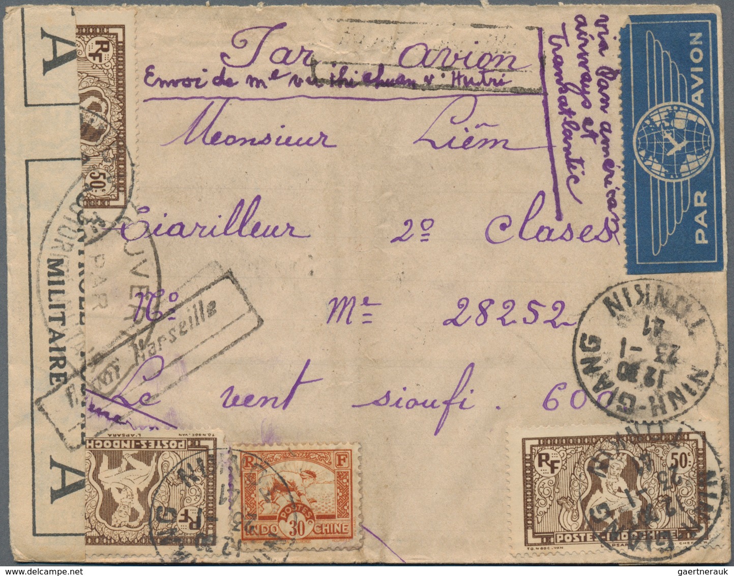 Französisch-Indochina: 1940/1941, WW II MILITARY MAIL to FRENCH LEVANT/PALESTINE/FRANCE, group of ei