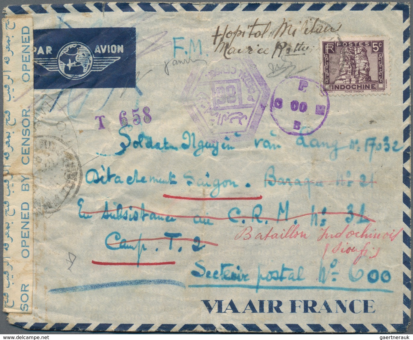 Französisch-Indochina: 1940/1941, WW II MILITARY MAIL to FRENCH LEVANT/PALESTINE/FRANCE, group of ei