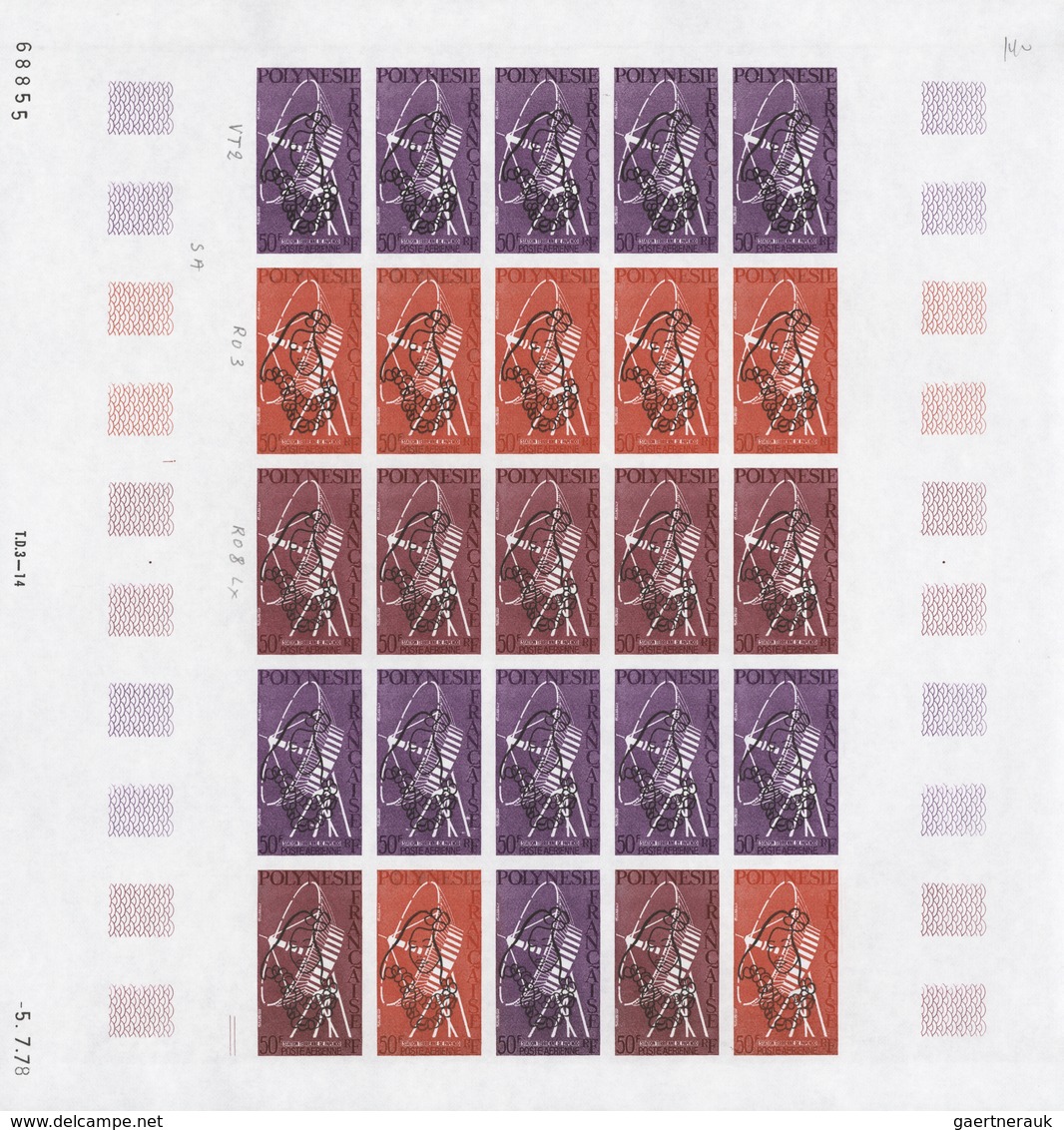 Französisch-Polynesien: 1958/1978, IMPERFORATE COLOUR PROOFS, MNH collection of 28 complete sheets (