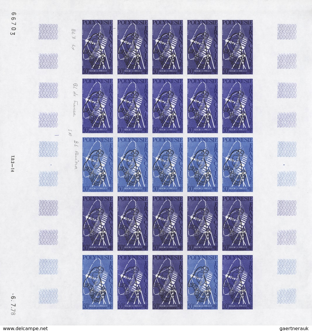 Französisch-Polynesien: 1958/1978, IMPERFORATE COLOUR PROOFS, MNH collection of 28 complete sheets (