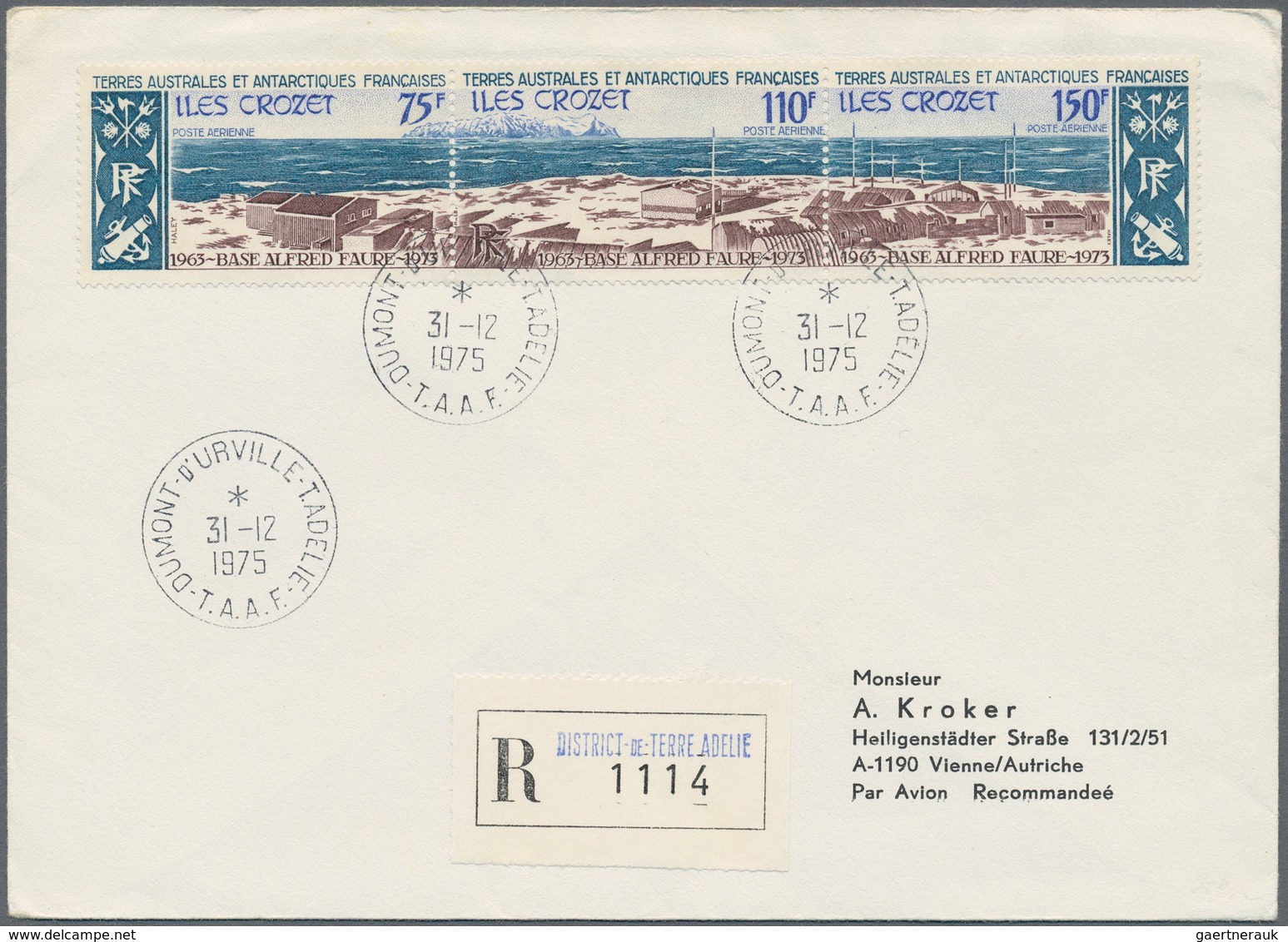 Französische Gebiete in der Antarktis: 1957/1976, lot of seven covers/cards with attractive franking