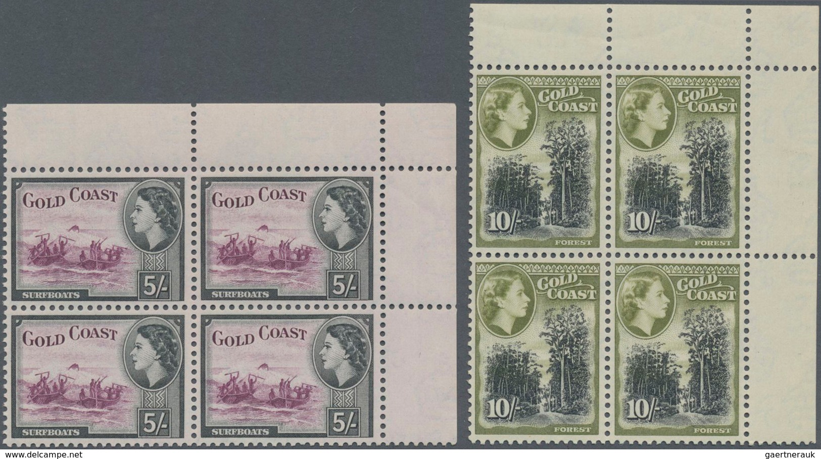 Goldküste: 1954, QEII Definitives 5s. 'Surfboats' And 10s. 'Forest' In A Lot With 42 Stamps Each In - Costa De Oro (...-1957)