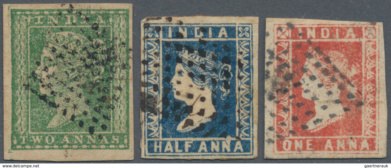 Indien: 1854/1855, Lithographed Issue, ½a. Blue, 1a. Red And 2a. Green, Three Used Stamps. - 1854 Compañia Británica De Las Indias