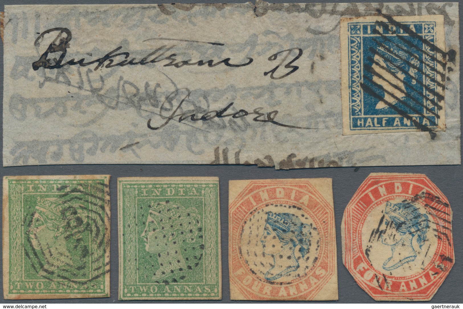 Indien: 1854-55 Lithographed And Typographed Issues: 1) Four Used Stamps (two Of 2a., One With Part - 1854 Compañia Británica De Las Indias