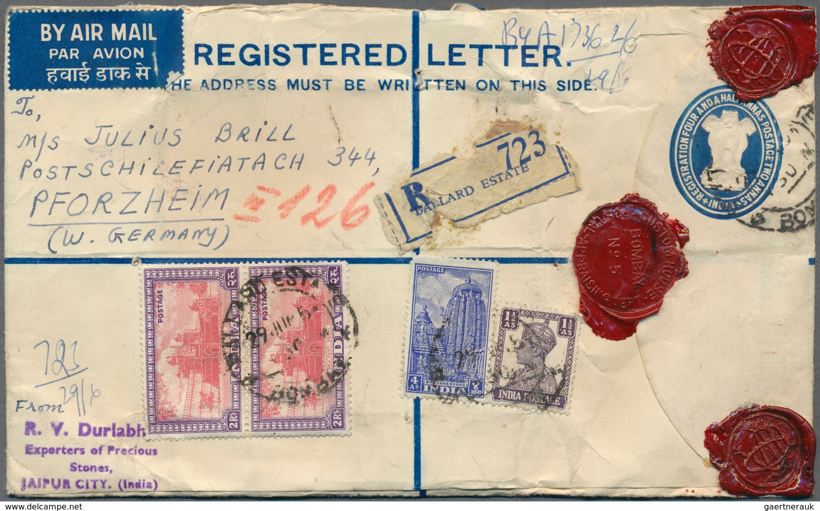 Indien - Ganzsachen: 1954/1961, Group Of Nine Uprated Registered Stationery Envelopes 6a. Blue (6), - Sin Clasificación