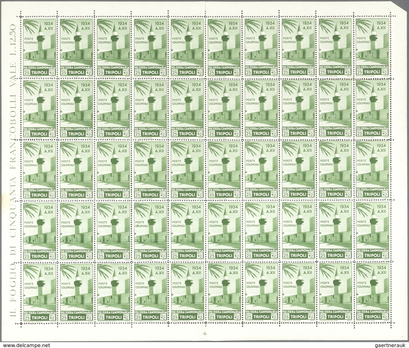 Italienisch-Libyen: 1934, 8th Tripoli Fair, surface mail stamps 10c.-1.25l., 50 complete sets within