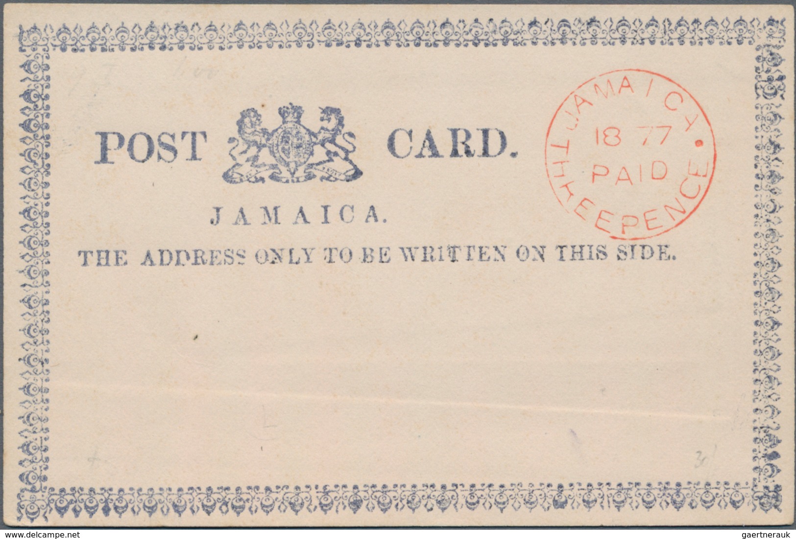 Jamaica: 1877 Seven Postcards With Different Types Of Red 'PAID' Handstamps ½d. Resp. 3d., Cards Of - Jamaica (1962-...)