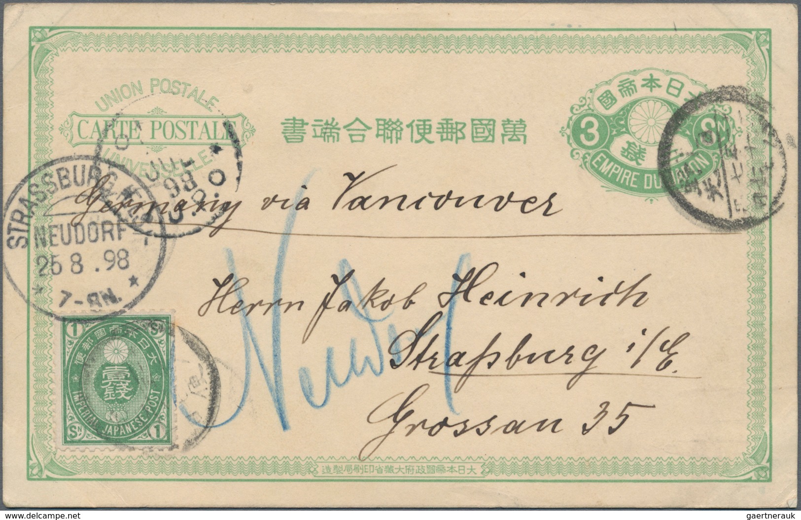Japan: 1874/1939, Lot Of Covers (8) And Mint/used Stationery (11) Inc. Earthquake 10 S. (4) Tied "TO - Andere & Zonder Classificatie
