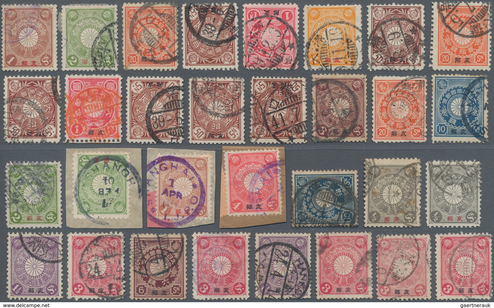 Japanische Post in China: 1876/1945, used on 10 larger stockcards inc. forerunners, ovpts. with 5y a