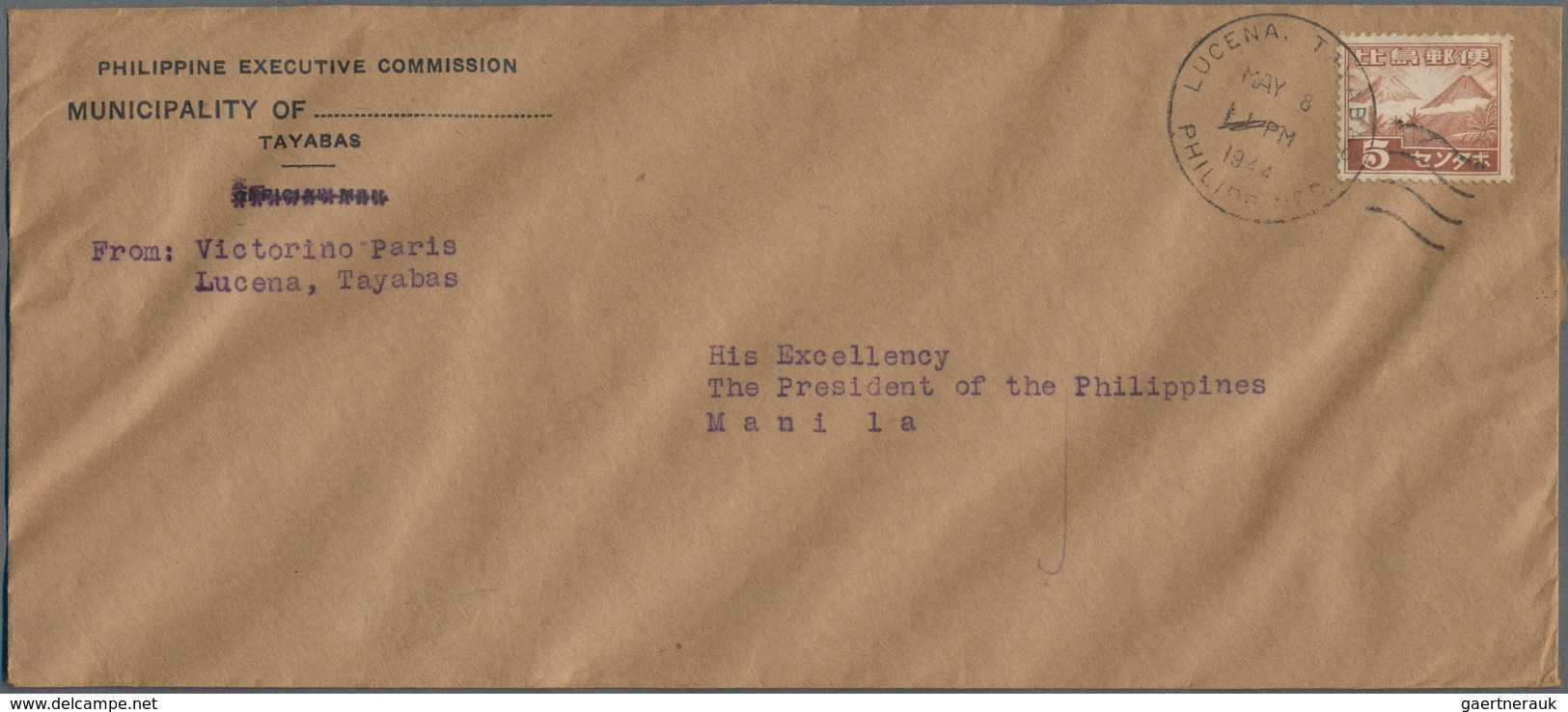 Japanische Besetzung  WK II - Philippinen: 1943, Definitive 5 C. Brown Mt. Mayon & Mt. Fuji, Three C - Philippines