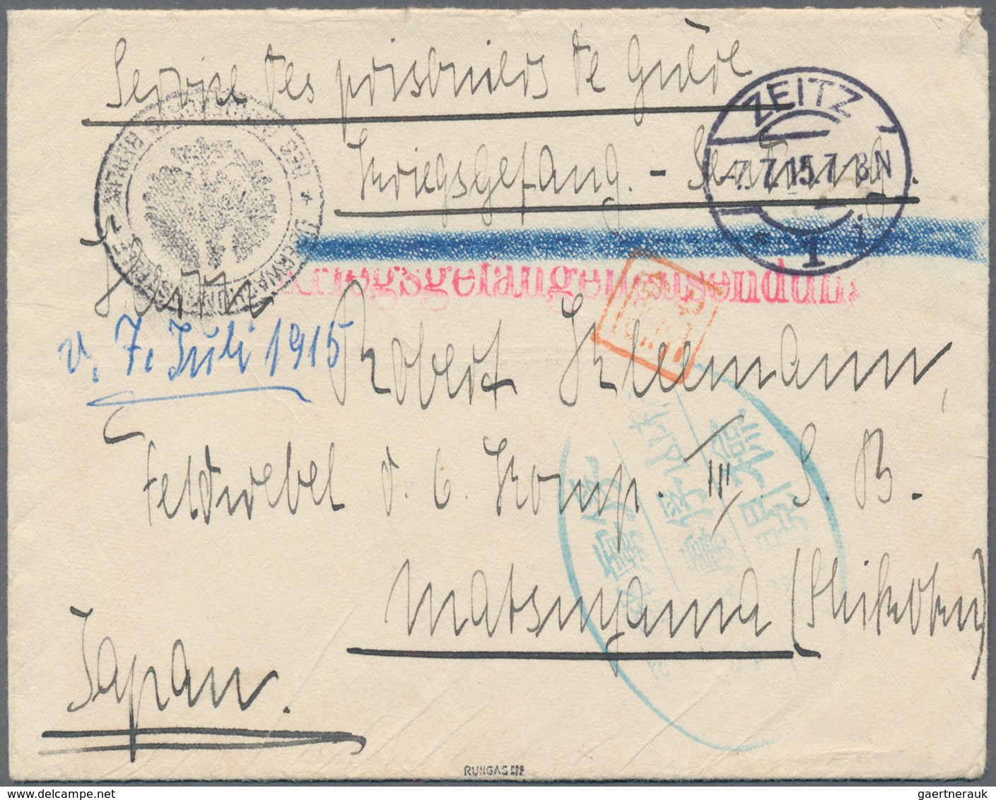 Lagerpost Tsingtau: Matsuyama, 1915/17, Incoming Envelopes (3) To Vizefeldwebel Robert Kleemann With - Deutsche Post In China