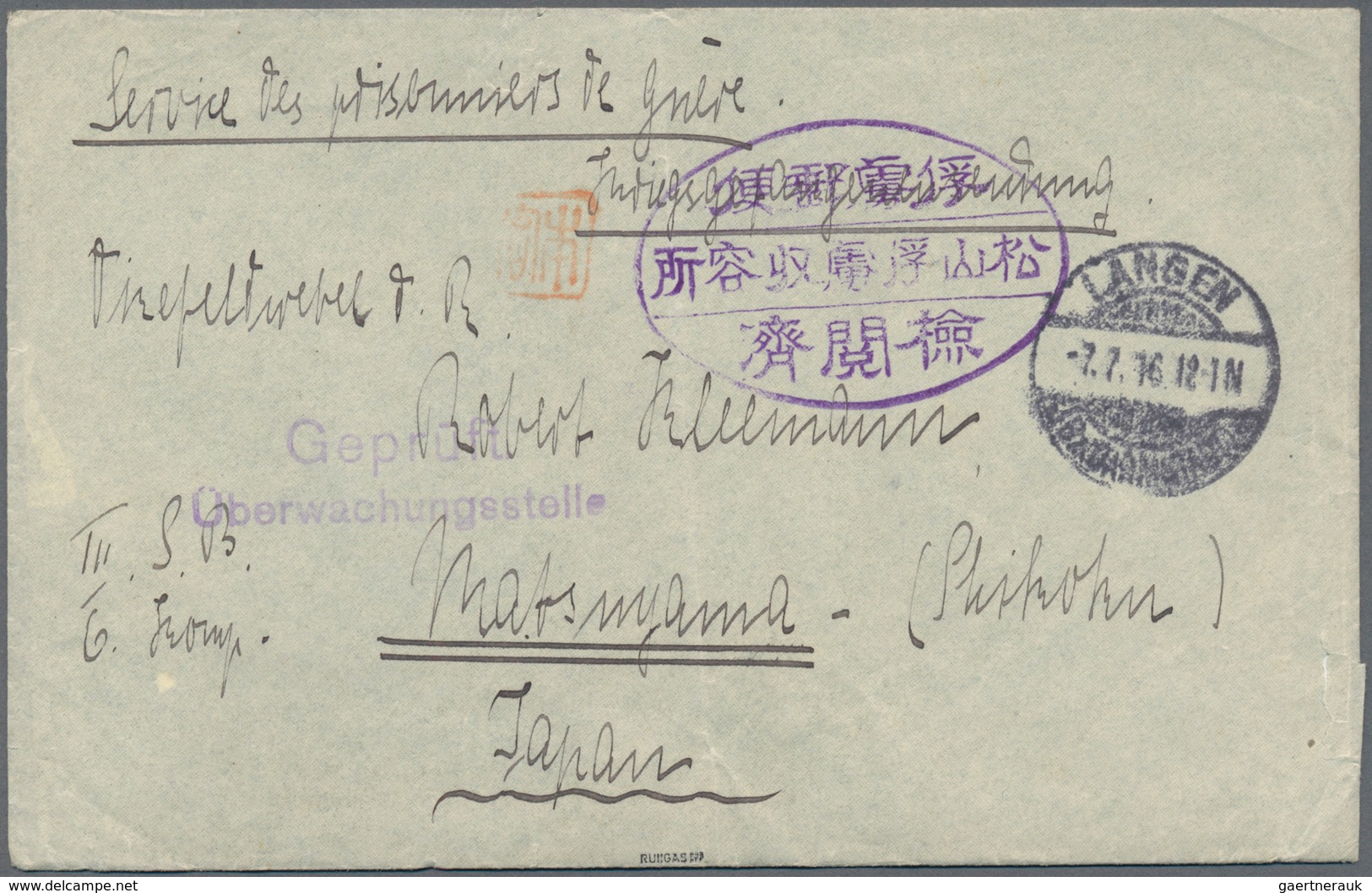 Lagerpost Tsingtau: Matsuyama, 1915/17, Incoming Envelopes (3) To Vizefeldwebel Robert Kleemann With - China (oficinas)