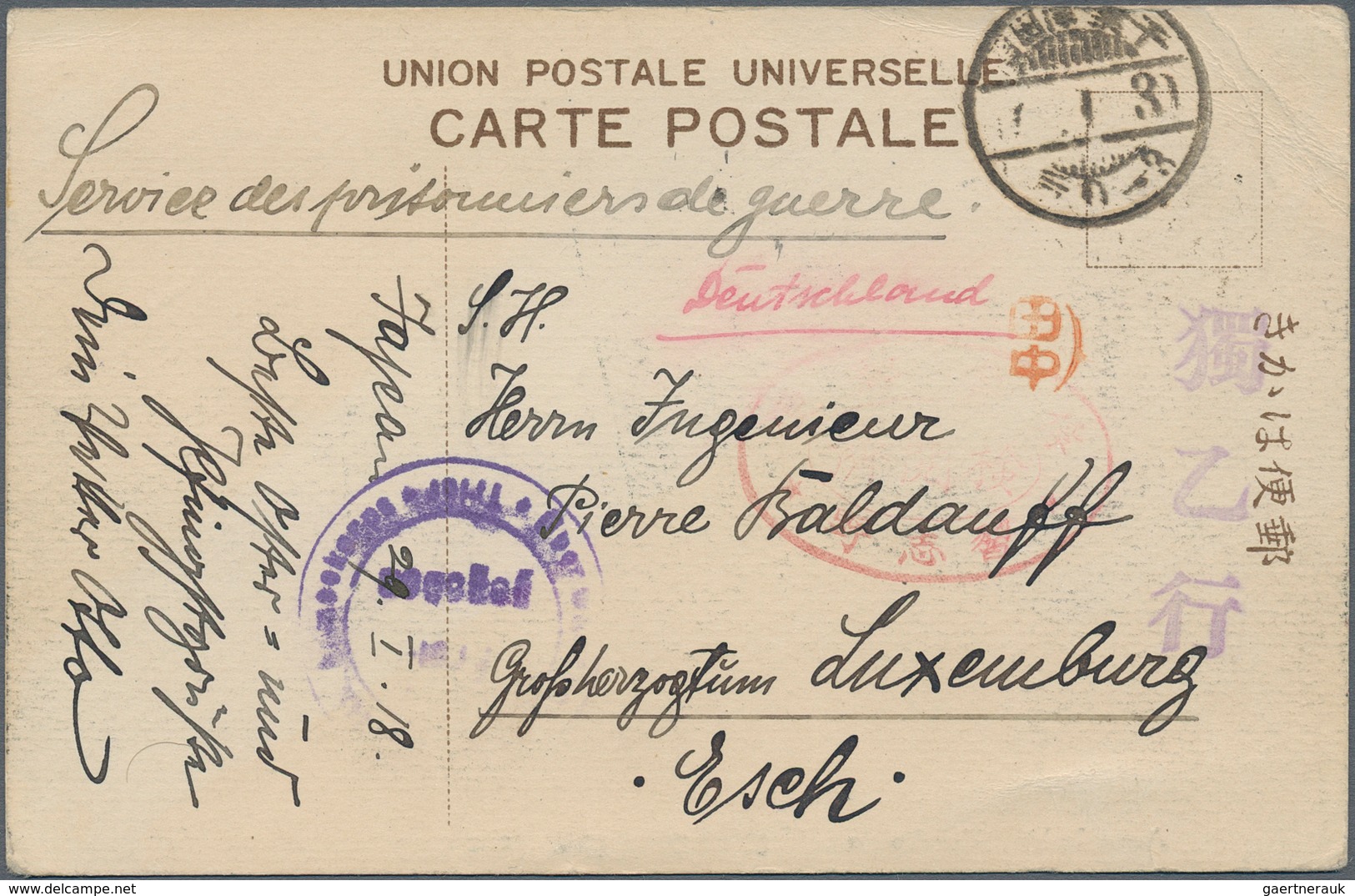 Lagerpost Tsingtau: Narashino, To Luxemburg: 1918/19, Two Camp Stationery Envelopes Each Type I Used - Chine (bureaux)