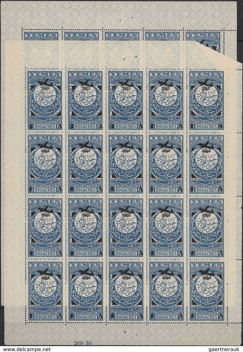 Jemen: 1954, Provisionals, stock of the overprints "airplane" and "airplane and year dates", four di