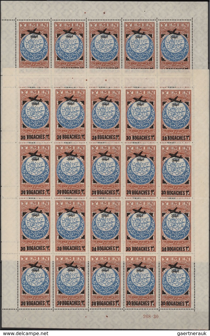 Jemen: 1954, Provisionals, stock of the overprints "airplane" and "airplane and year dates", four di