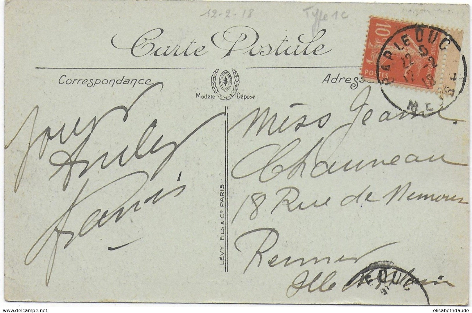 1918 - SEMEUSE TYPE 1C PAPIER GC ! ISSU DE CARNET RARE Sur CARTE POSTALE 5 MOTS De BAR LE DUC (MEUSE) => RENNES - 1906-38 Semeuse Camée