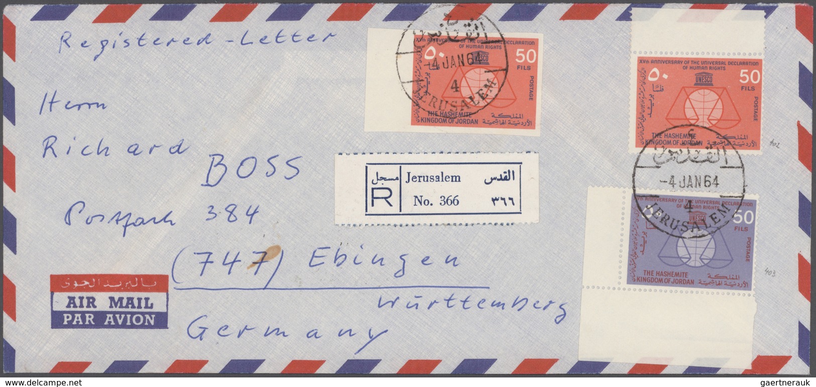 Jordanien: 1954/1989, holding of apprx. 200 covers/cards, mainly correspondence to Germany, showing