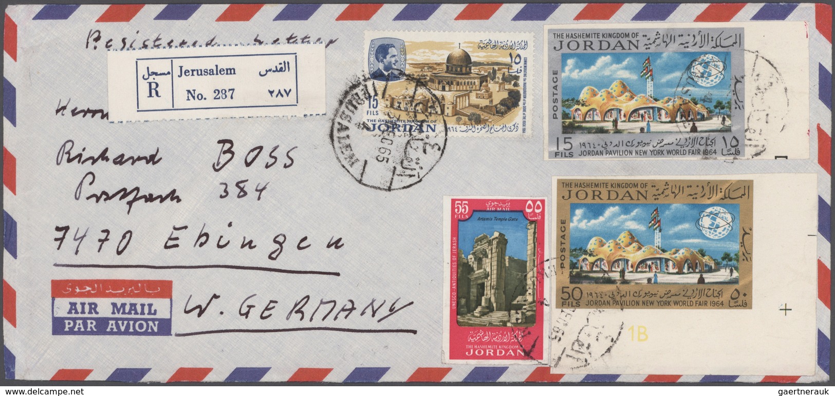 Jordanien: 1954/1989, holding of apprx. 200 covers/cards, mainly correspondence to Germany, showing