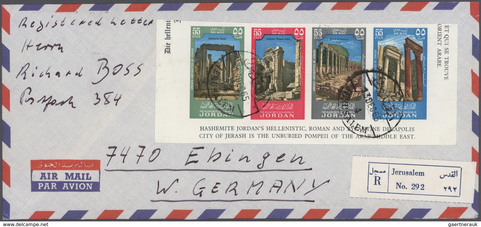 Jordanien: 1954/1989, holding of apprx. 200 covers/cards, mainly correspondence to Germany, showing