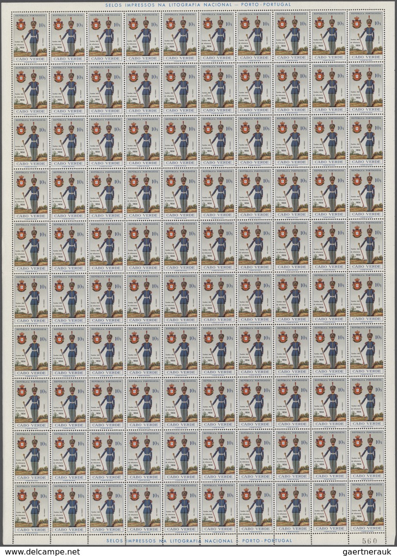 Kap Verde: 1965, Military Uniforms, 100 X Michel No. 333/340 In Mint Never Hinged Full Sheets. Catal - Isola Di Capo Verde